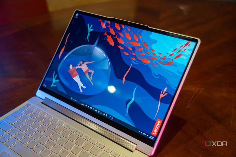 Angled view of the Lenovo Yoga 9i's laptop display and the Windows desktop