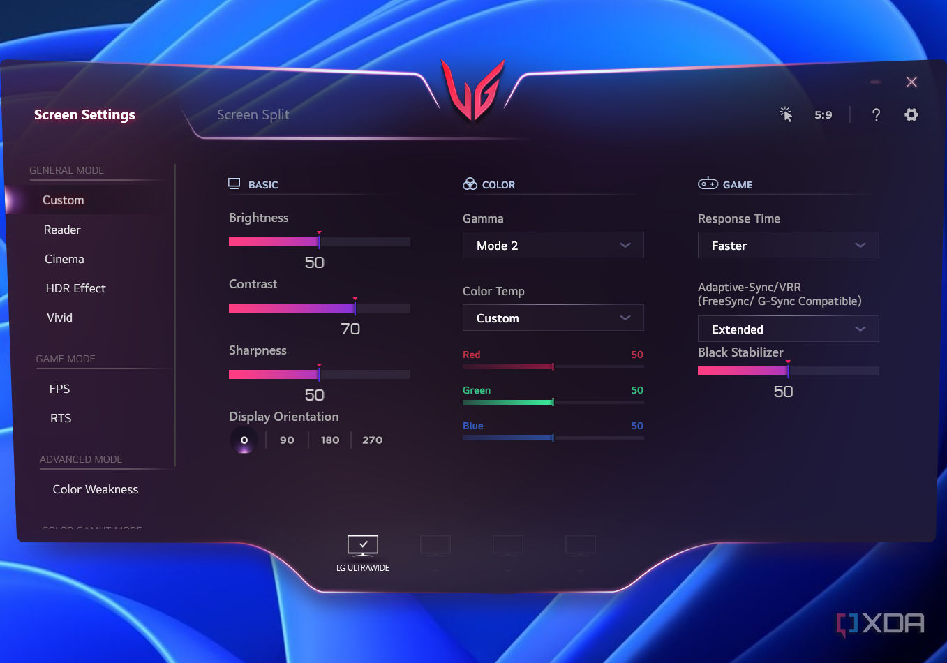 Screenshot of LG OnScreen Control app using the Gaming UI showing various monitor settings