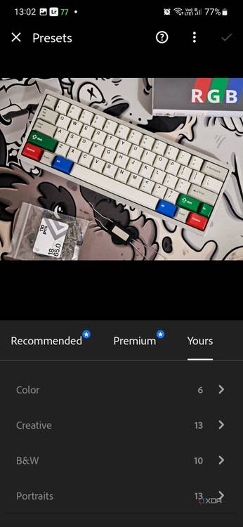 A screenshot captured on Galaxy S23 showing the the editing option on Lightroom.