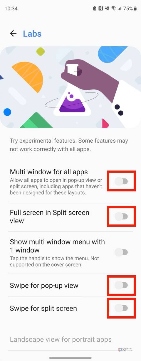 The toggles required to use multitasking gestures on a Galaxy Z Fold 4.
