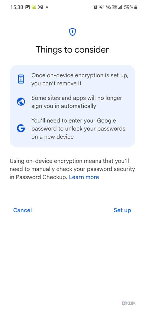 On-device encryption setup on Google Password Manager.