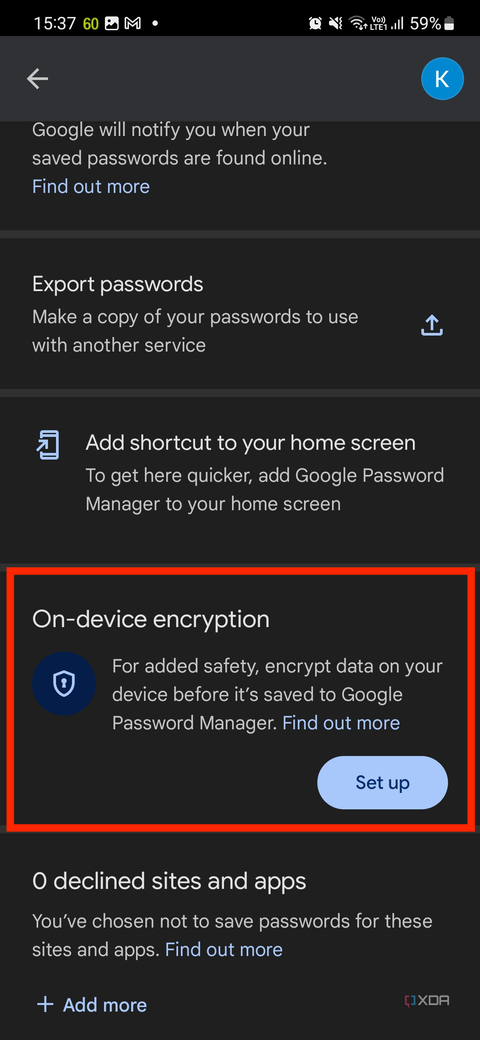 A screenshot showing the on-device encryption within Google Password Manager settings.