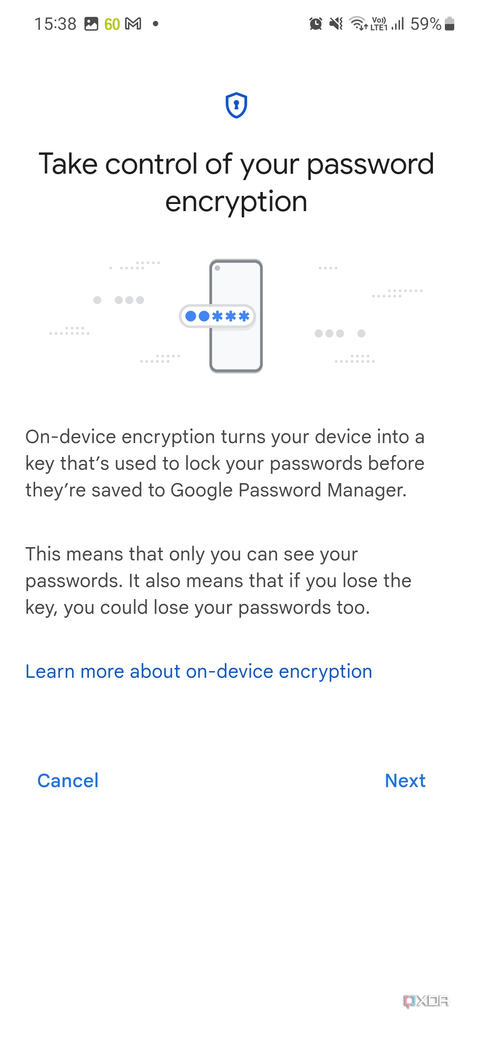 A screenshot showing the on-device encryption setup page on Google Password Manager.