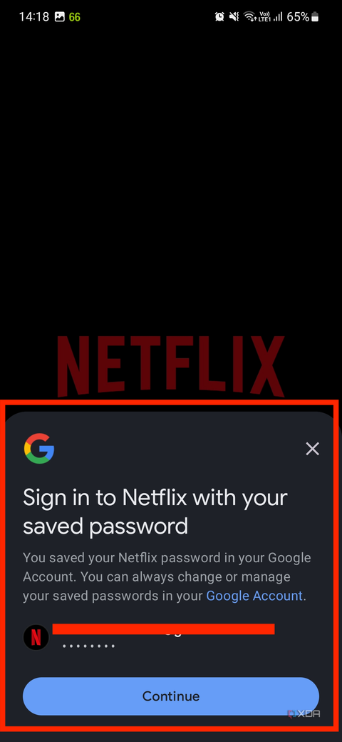 A screenshot showing the password auto-fill prompt in Netflix app.