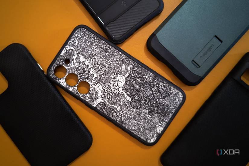 Phone cases on a yellow background.