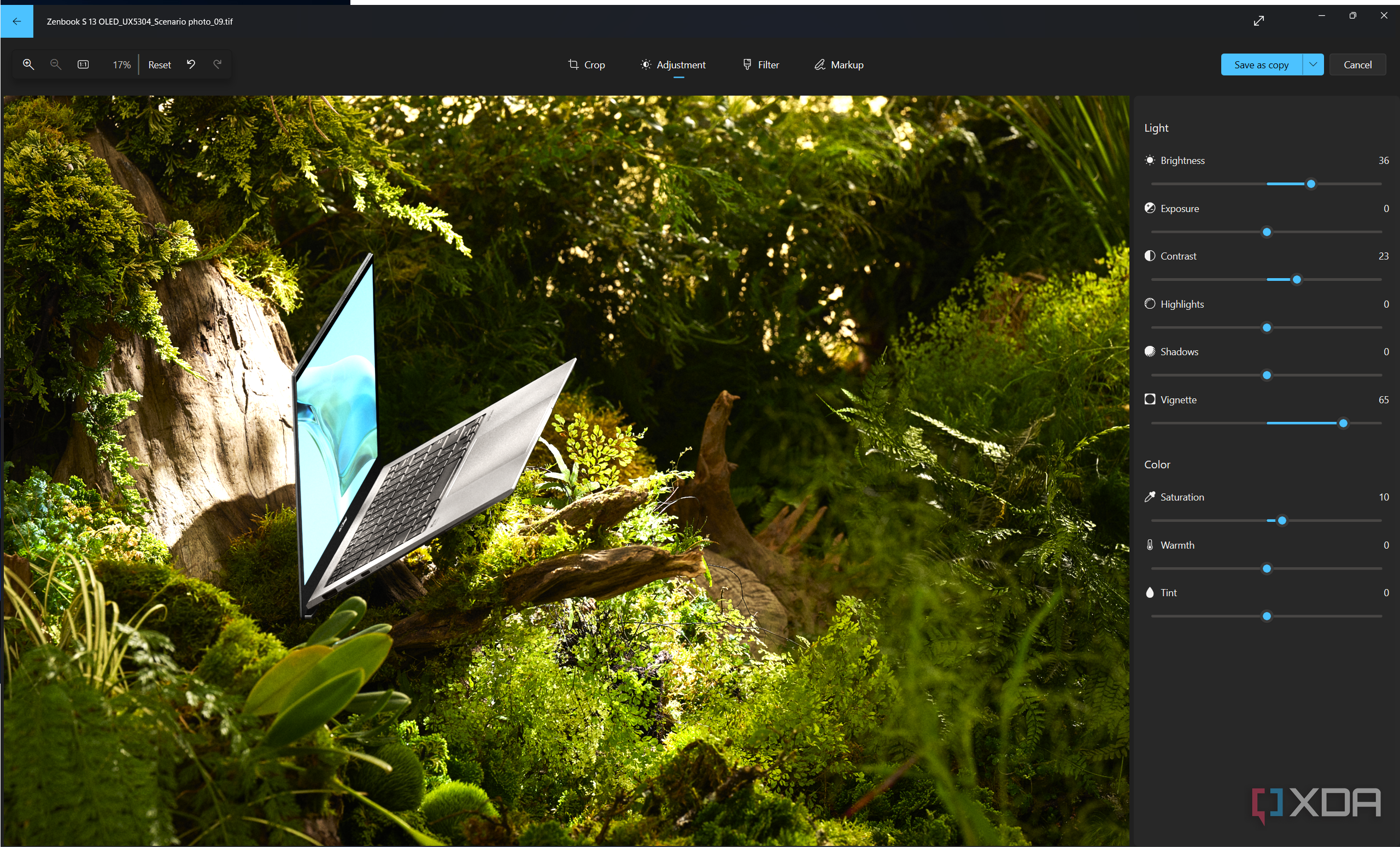 Screenshot of light and color editing tools in the Windows 11 Photos app