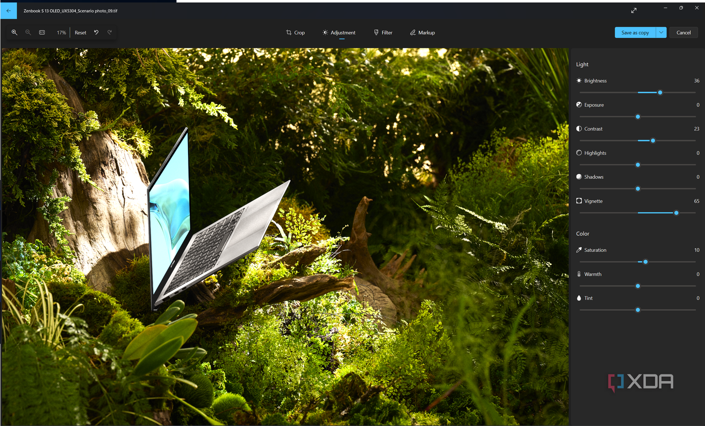 Screenshot of light and color editing tools in the Windows 11 Photos app