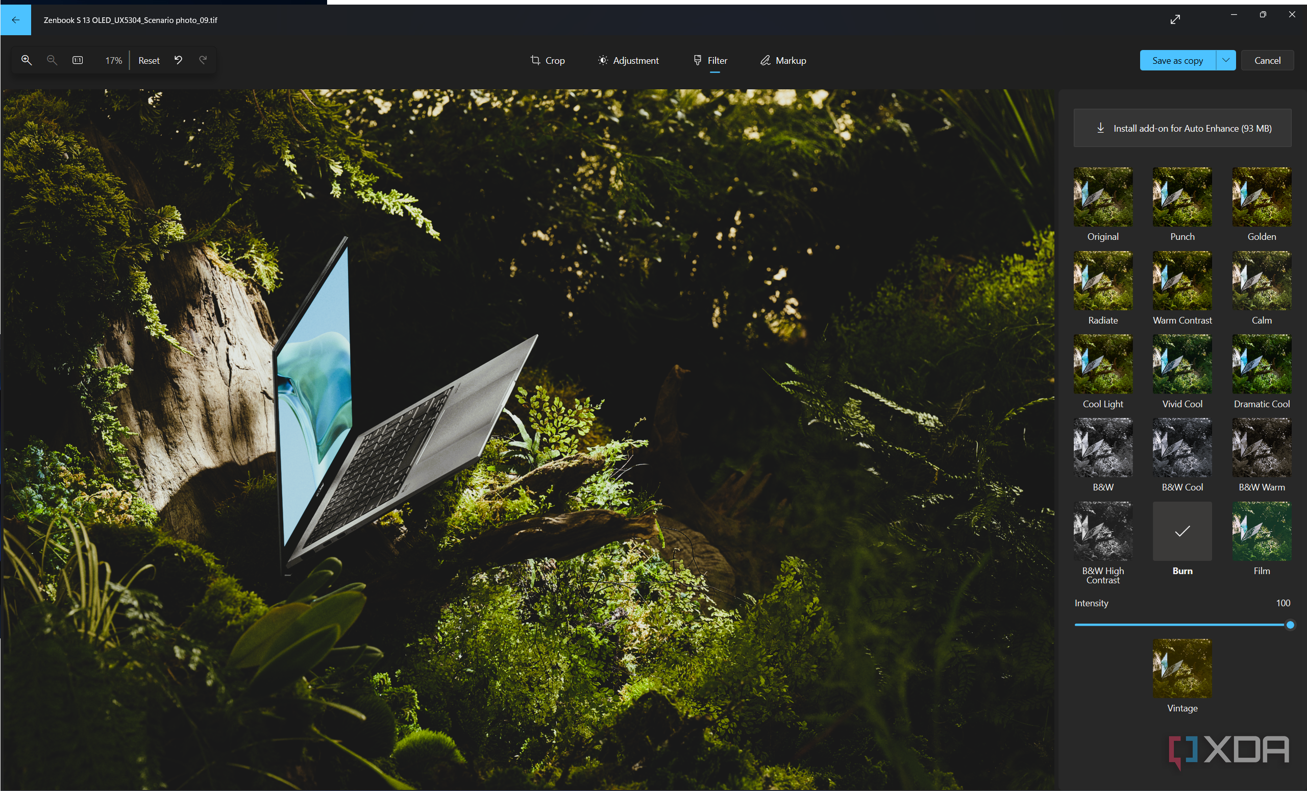 Screenshot of filters in the Windows 11 Photos app