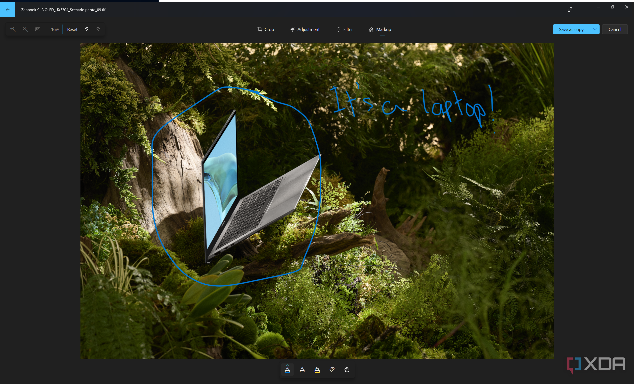 Screenshot of inking tools in the Windows 11 Photos app. A photo is displayed with some handwriting drawn using the inking tools