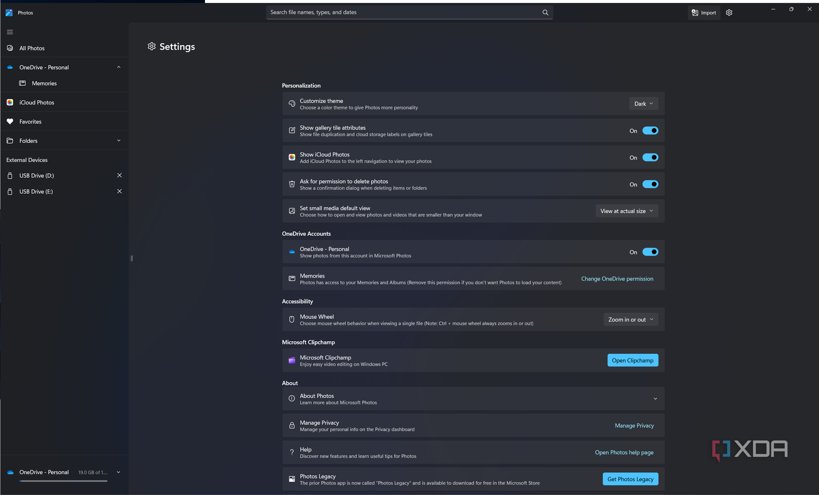 Screenshot of the settings page in the Windows 11 Photos app