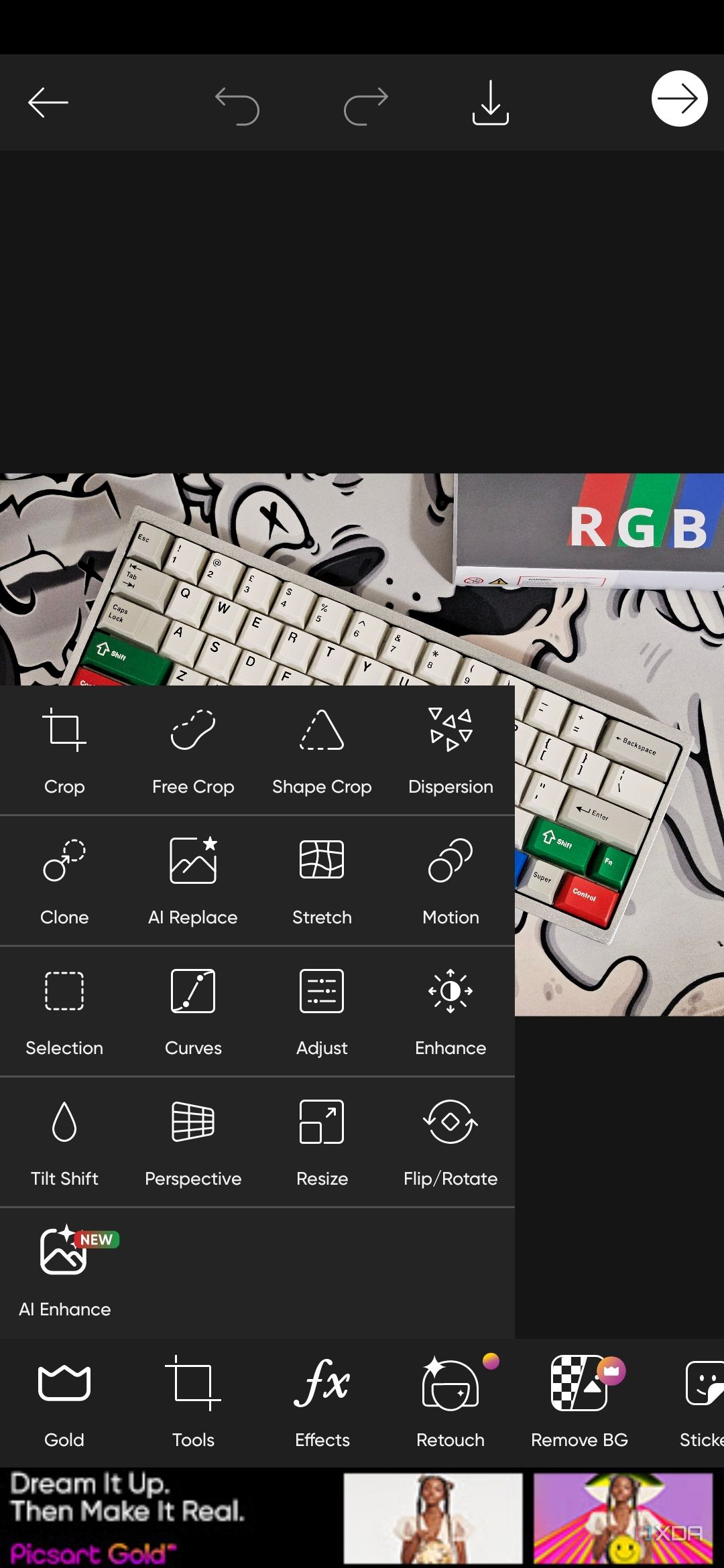 A screenshot captured on a Galaxy S23 showing the editing tools offered by PicsArt.