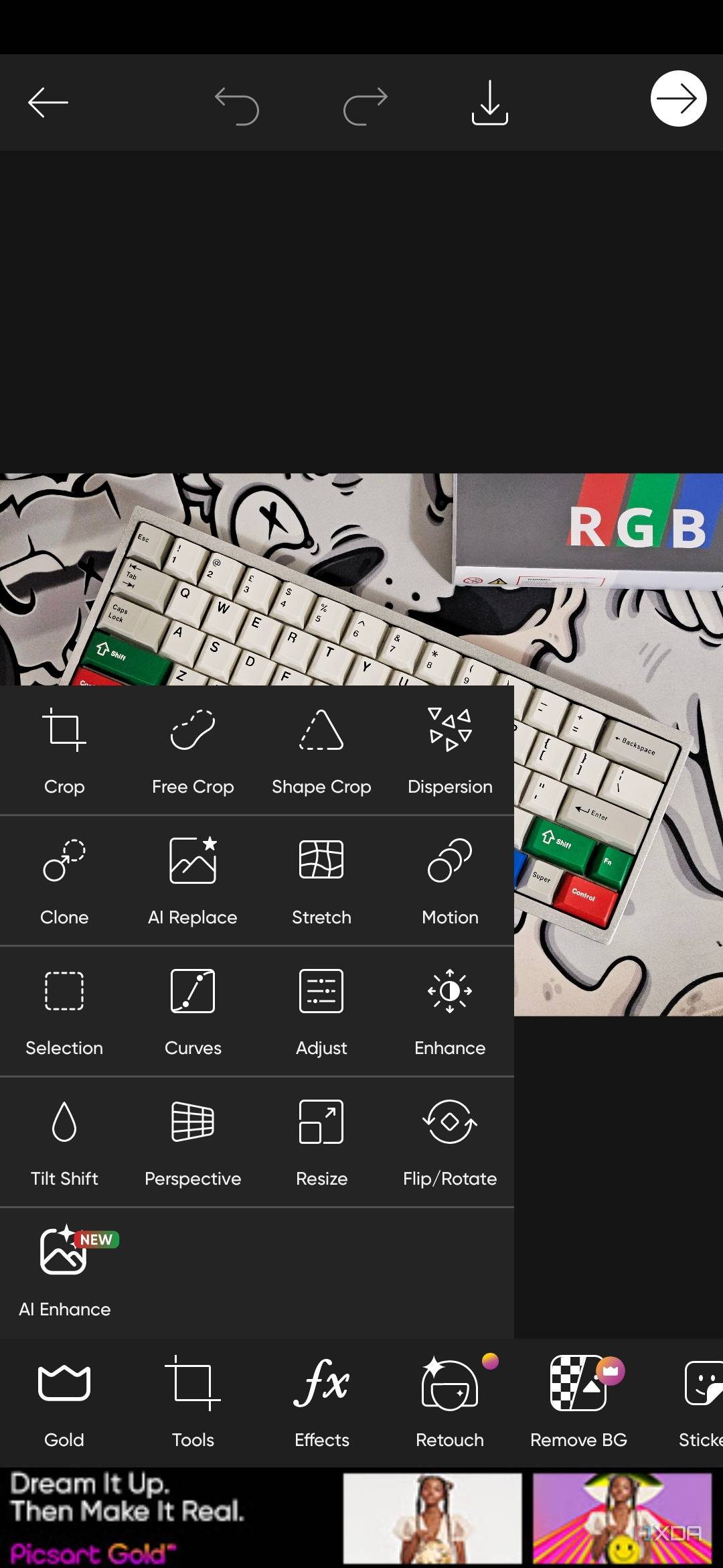 A screenshot captured on a Galaxy S23 showing the editing tools offered by PicsArt.