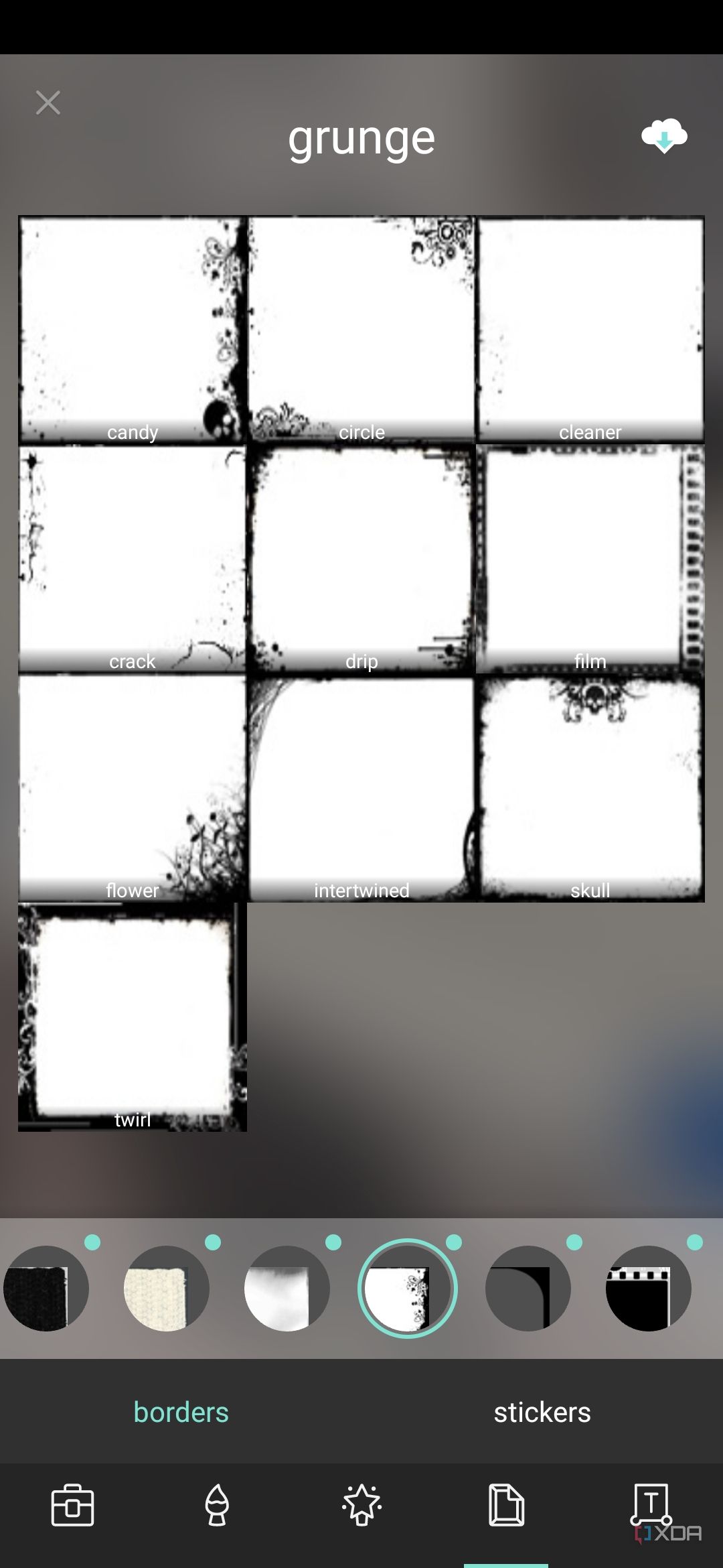 A screenshot showing the borders and stickers offered by Pixlr app.