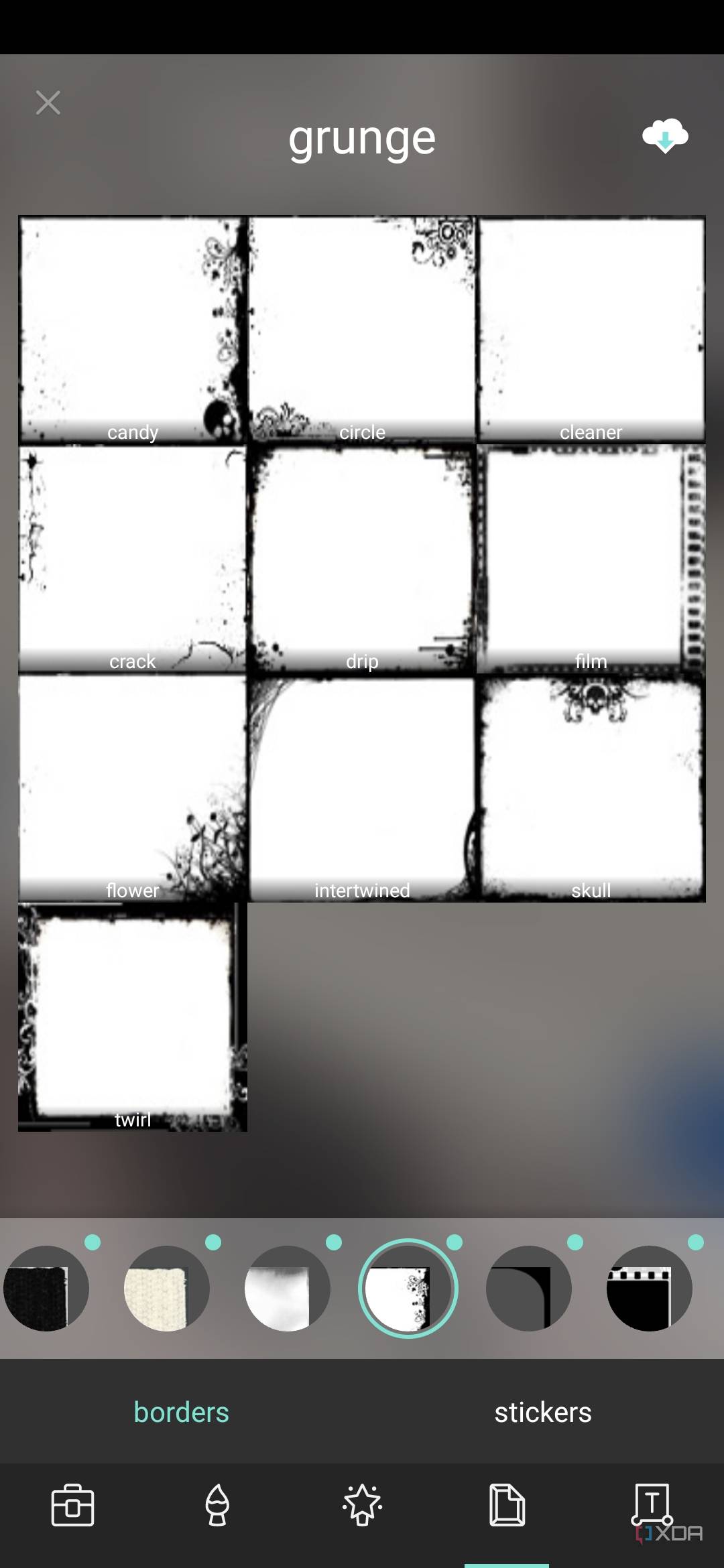 A screenshot showing the borders and stickers offered by Pixlr app.