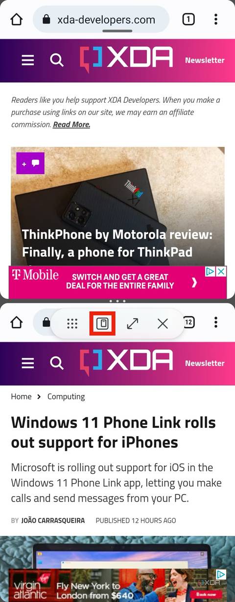 The pop-up view button in split screen mode on Samsung device.