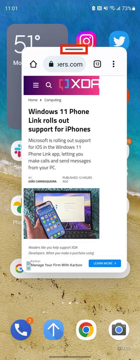 The pop-up view bar used to drag and change a window.