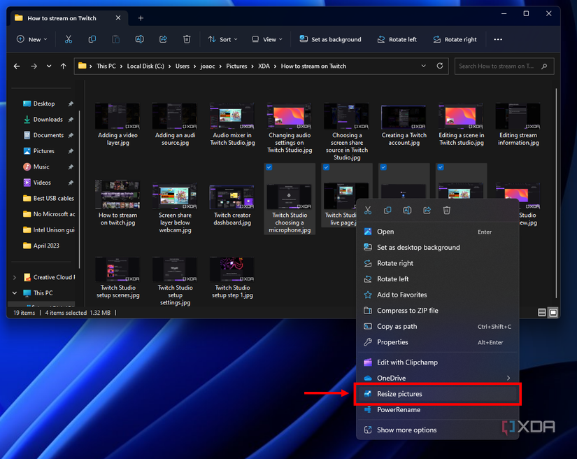 Screenshot of Windows 11 File Explorer context menu showing the option to resize pictures using PowerToys