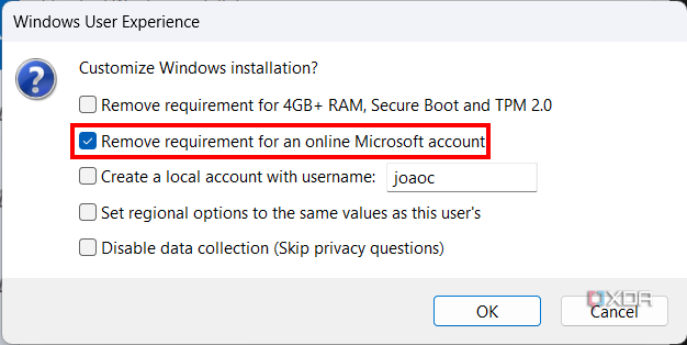 Screenshot of Rufus prompt with option to remove Microsoft account requirement highlighted