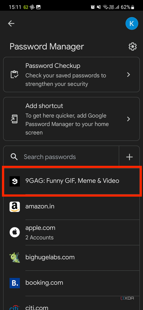 A screenshot showing Google's Password Manager screen with the 9GAG app highlighted.