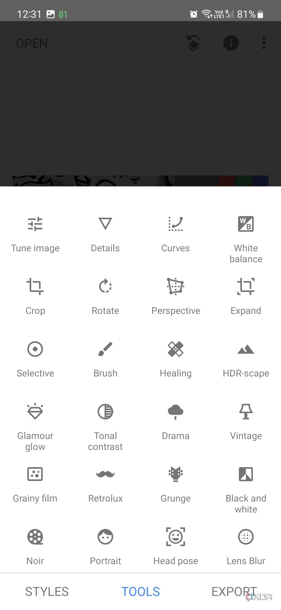 A screenshot captured on Galaxy S23 showing different editing tools you get in Snapseed.