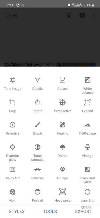 A screenshot captured on Galaxy S23 showing different editing tools you get in Snapseed.