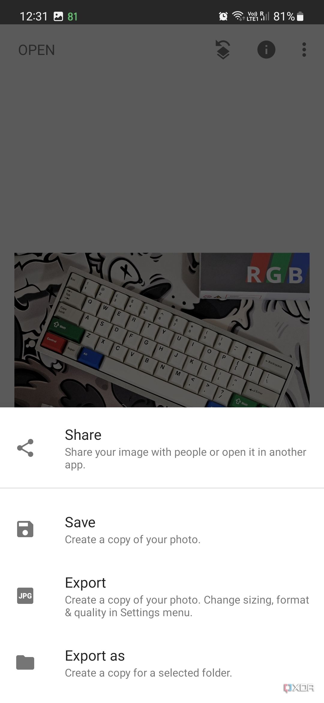 A screenshot captured on Galaxy S23 showing the export options in Snapseed.