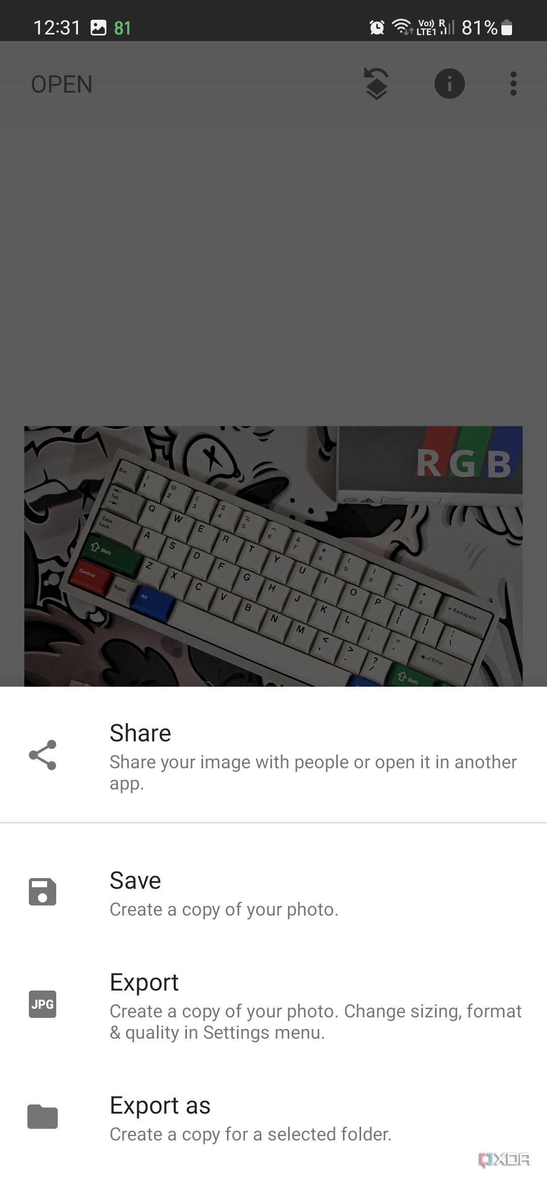 A screenshot captured on Galaxy S23 showing the export options in Snapseed.