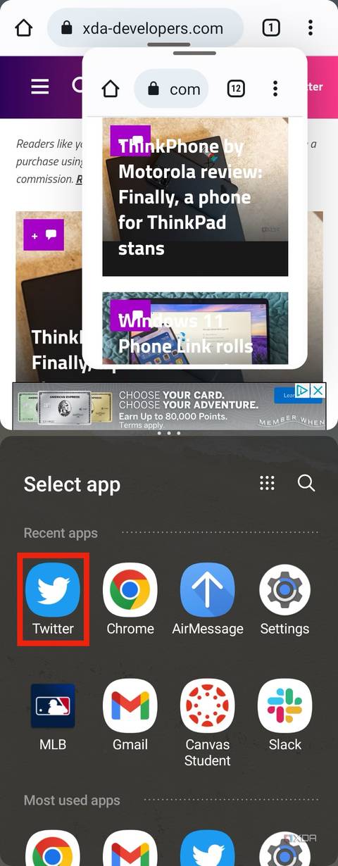 The app selection screen in split screen and pop-up view.