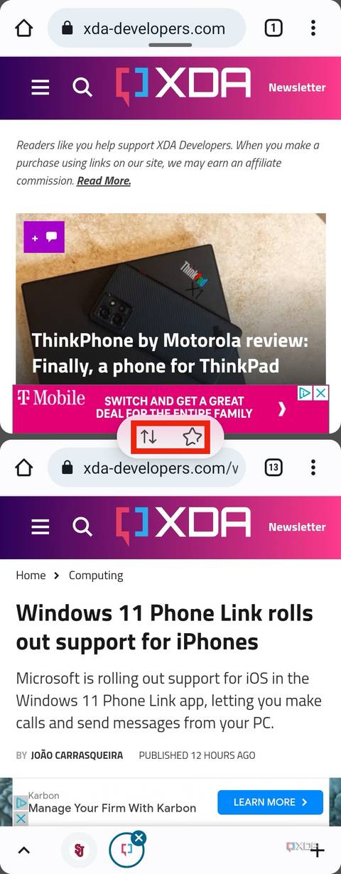 The buttons to flip apps or save a configuration in split screen mode on a Samsung device.