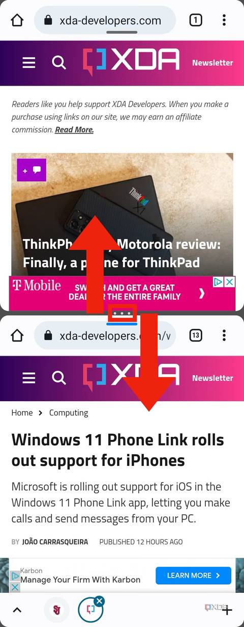 The gesture to resize an app in split screen mode on Samsung devices.