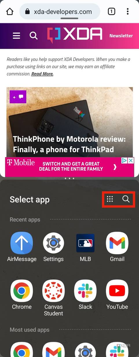 The search and app drawer buttons in the split screen interface on Samsung devices.