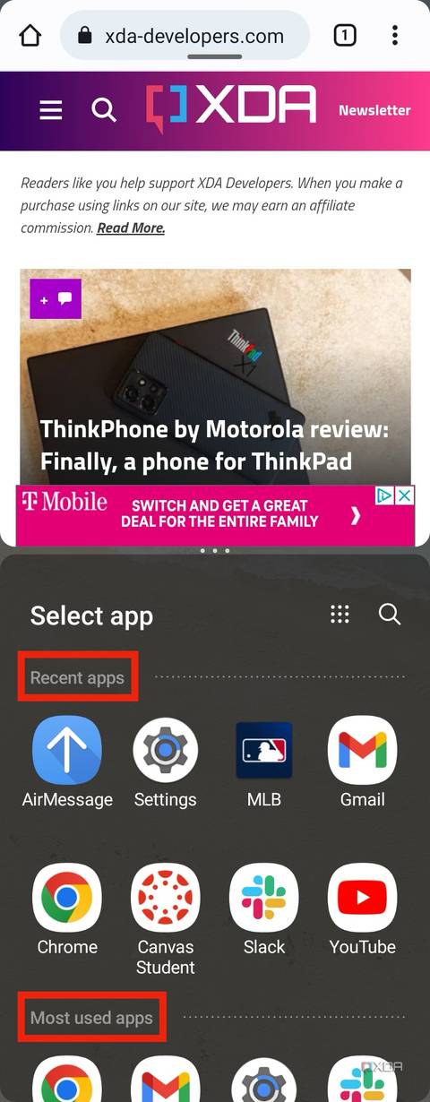 The app selection screen in the split screen interface on a Samsung device.