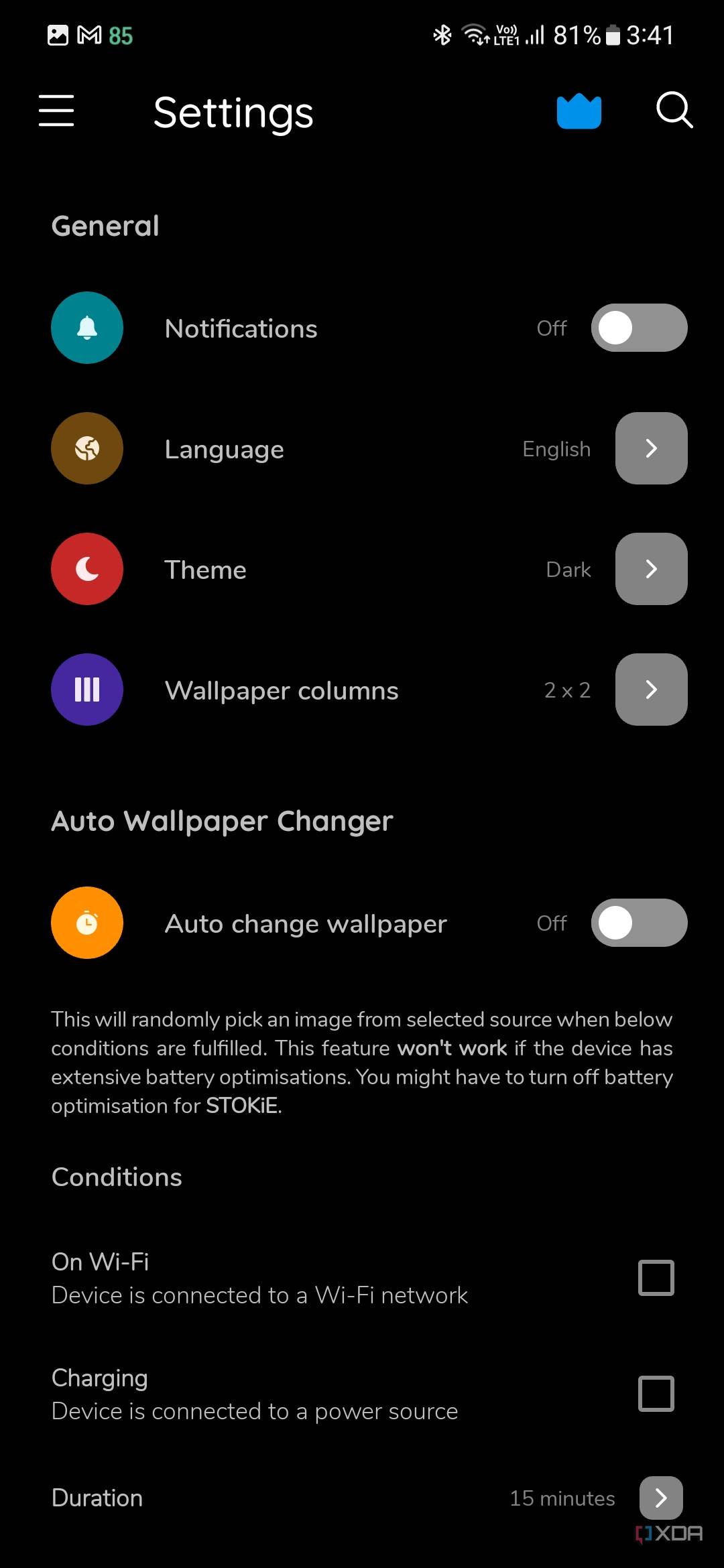 A screenshot showing STOKiE wallpaper app settings over a black-colored background.
