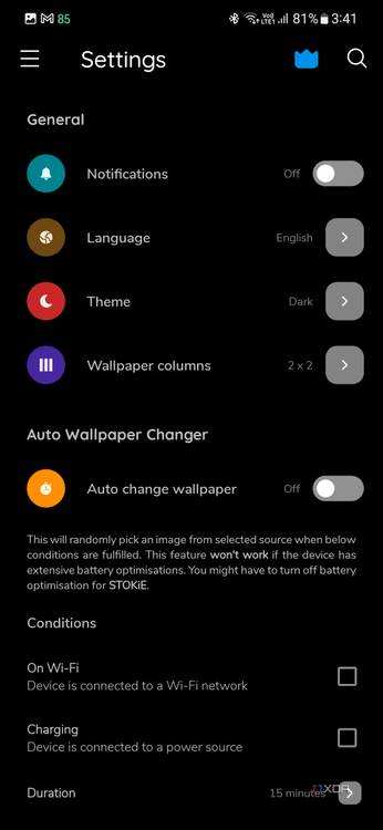 A screenshot showing STOKiE wallpaper app settings over a black-colored background.