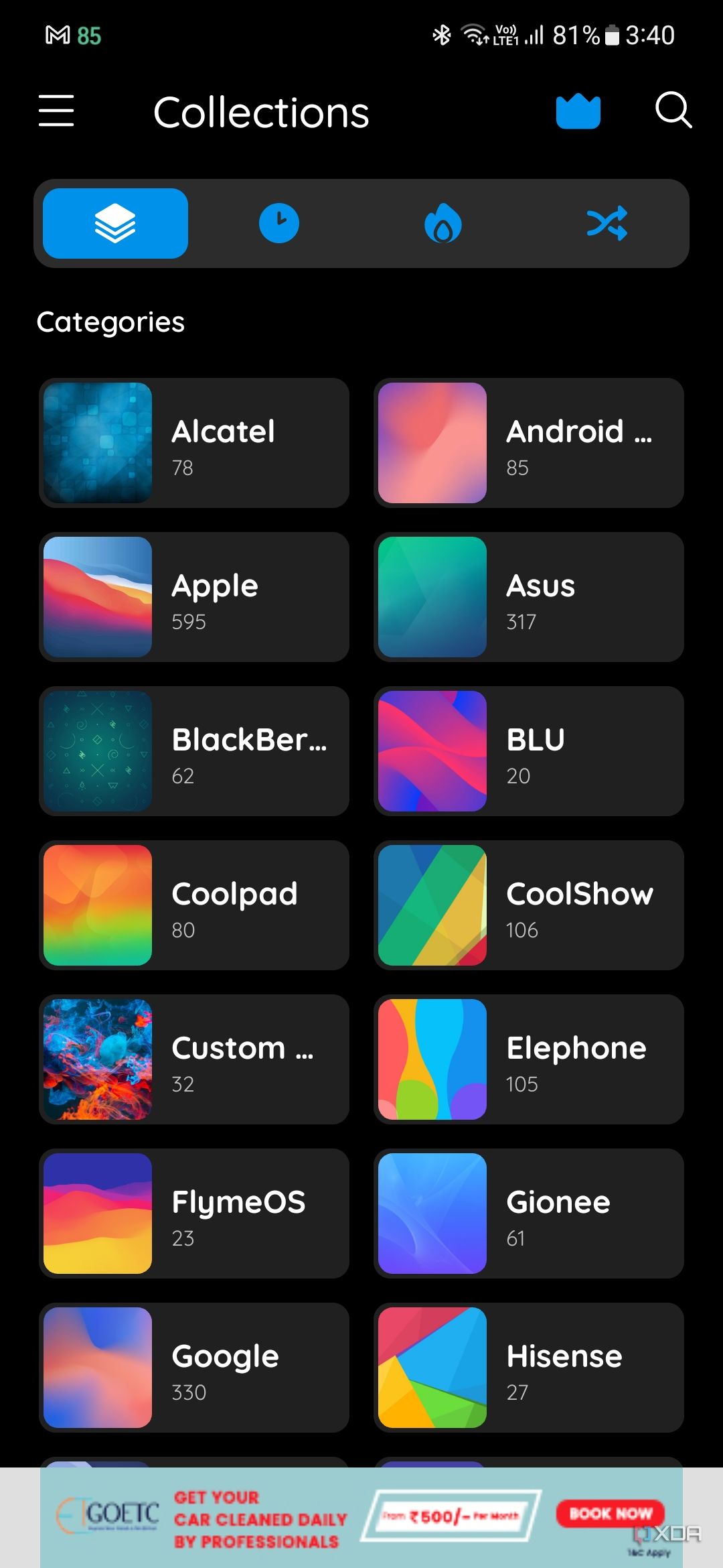 A screenshot showing different collections of stock wallpapers from brands within STOKiE wallpaper app.