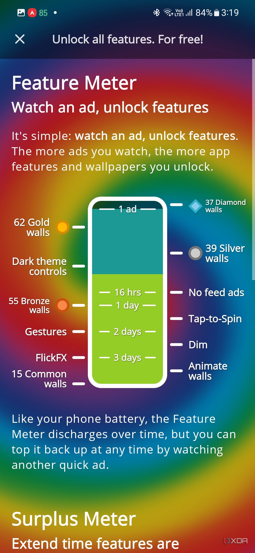 A screenshot showing a bunch of text explaining the gamification feature with the SwirlWalls live wallpaper app.