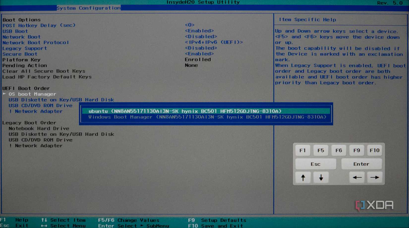 Screenshot of BIOS settings showing Ubuntu as the first option in the OS Boot Manager