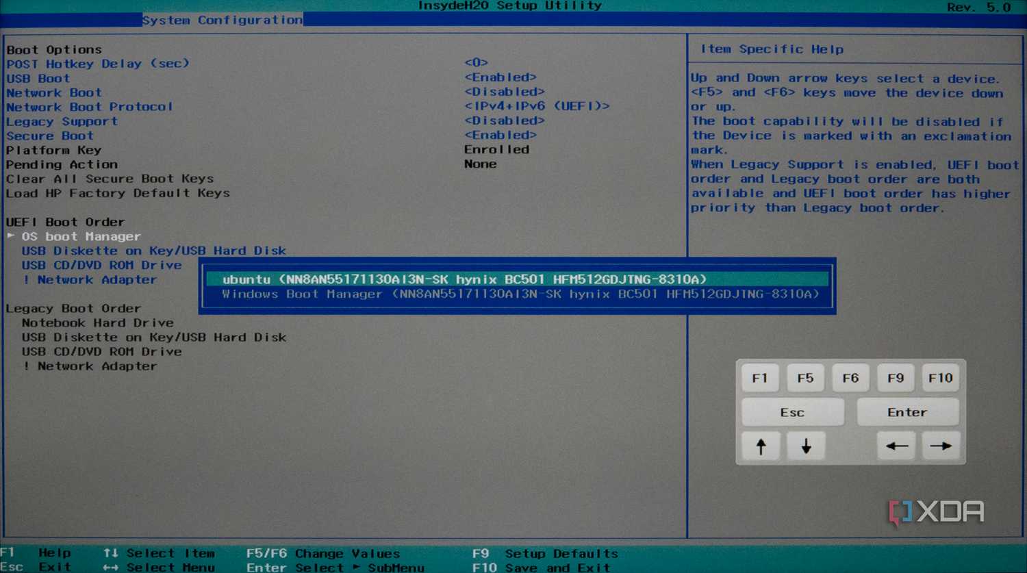 Screenshot of BIOS settings showing Ubuntu as the first option in the OS Boot Manager