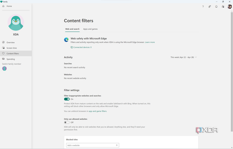 Screenshot of web and search content filters page in Microsoft Family app
