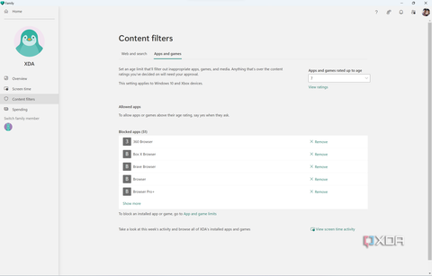 Screenshot of app and game filters in the Microsoft Family app