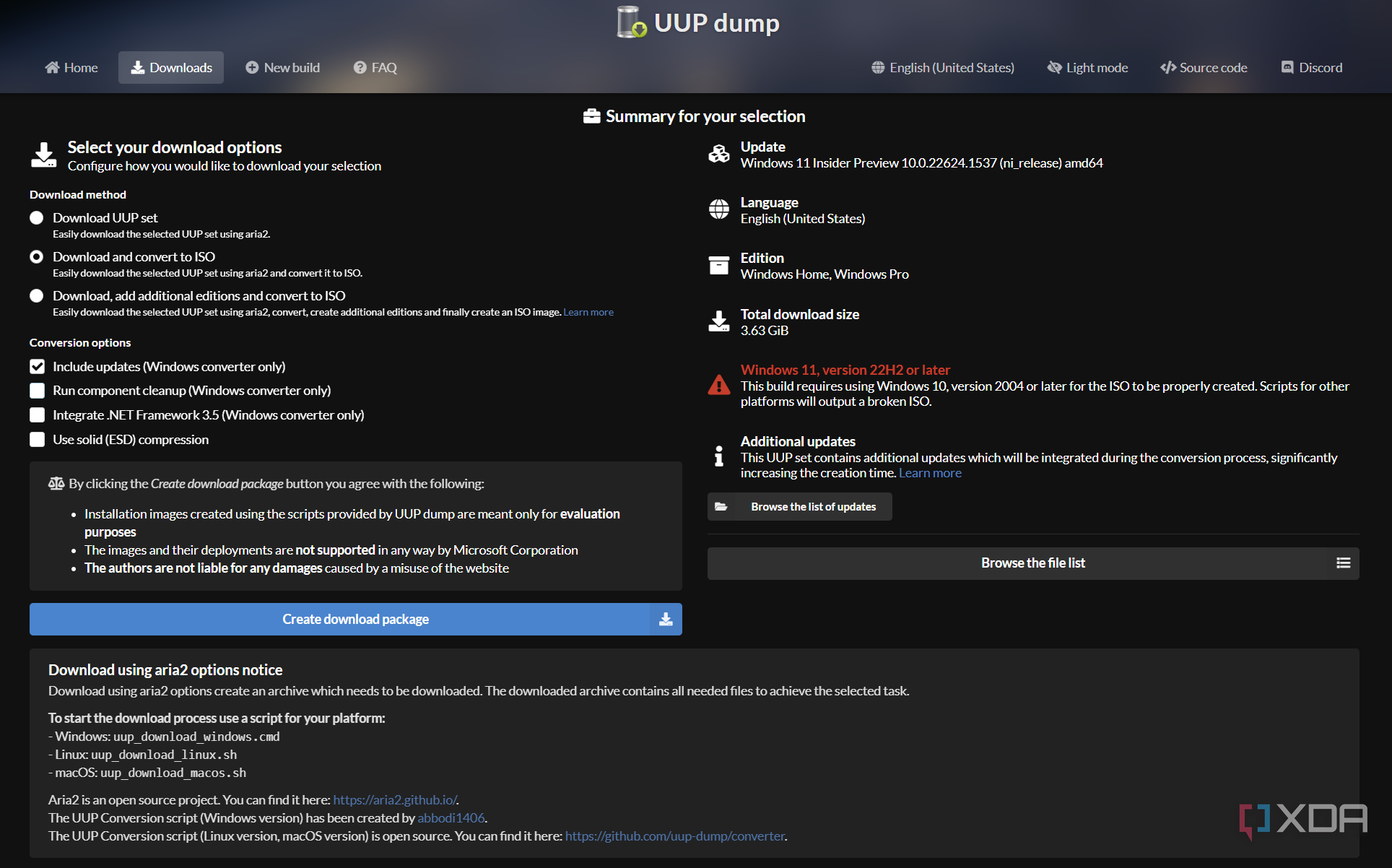 UUP dump download and convert to ISO