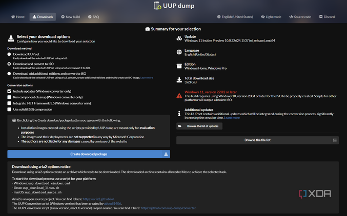 UUP dump download and convert to ISO