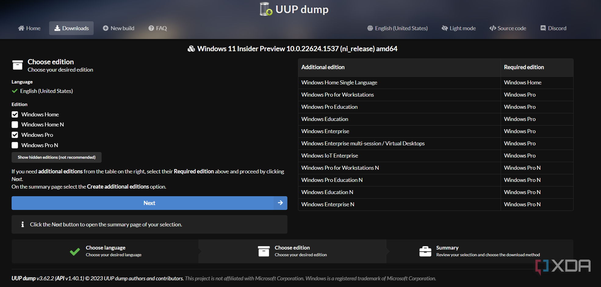 UUP dump edition selecton