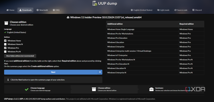 UUP dump edition selecton