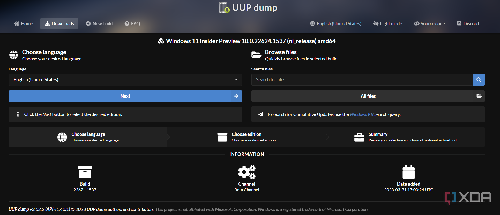 UUP dump language selection