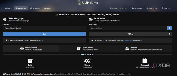 UUP dump language selection