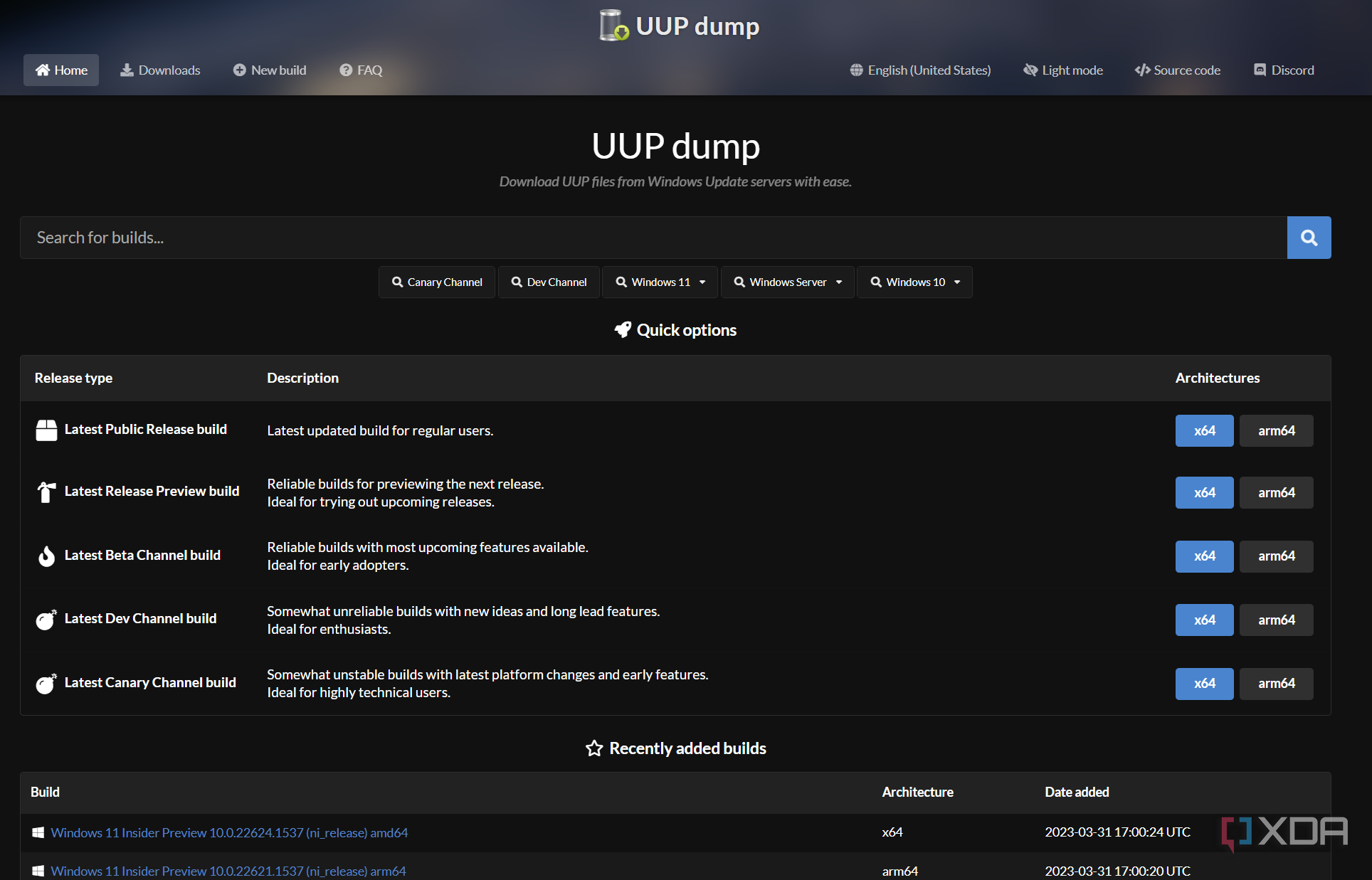 UUP dump main page