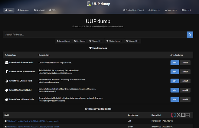 UUP dump main page