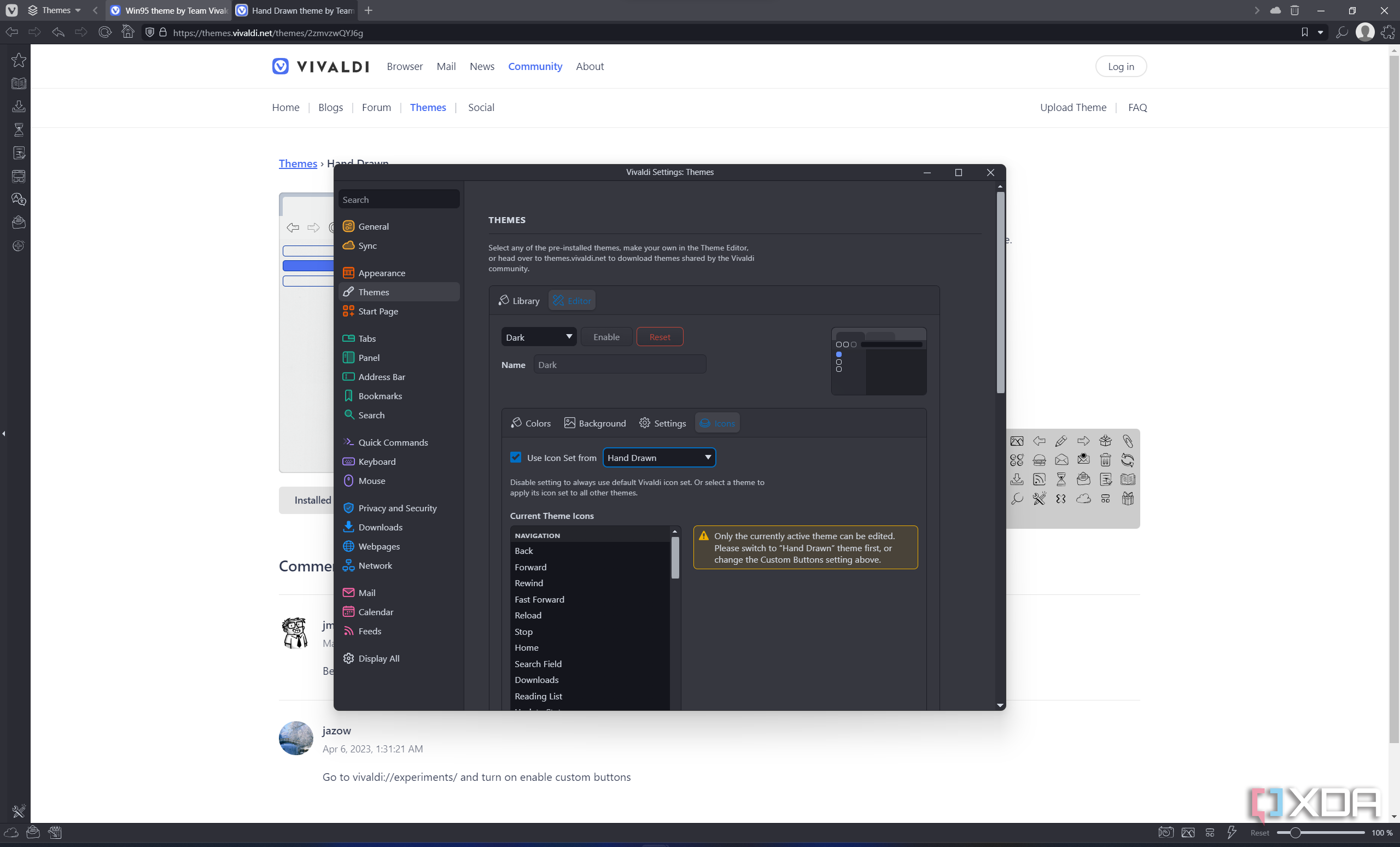 Screenshot of Vivladi settings showing the Dark theme using icons from the Hand Drawn theme