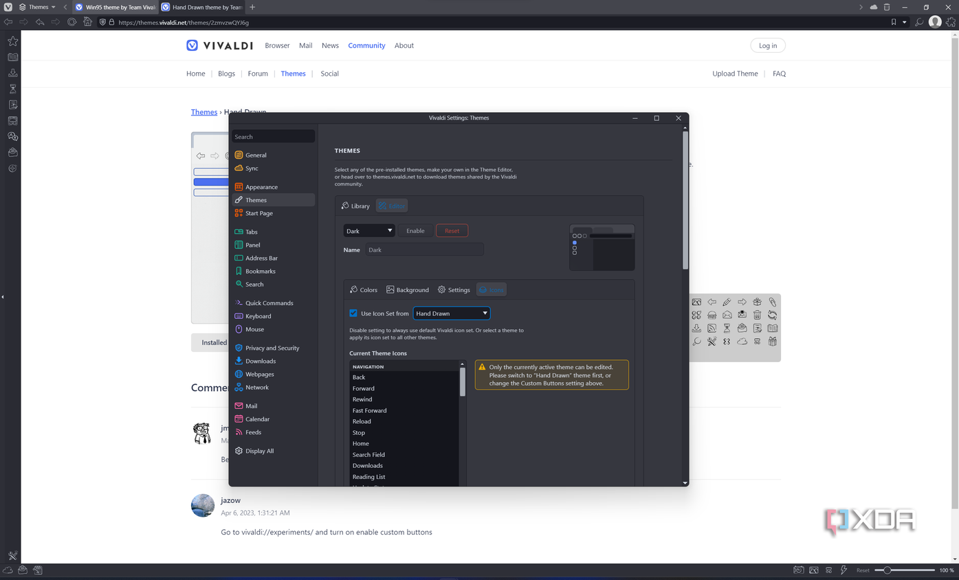 Screenshot of Vivladi settings showing the Dark theme using icons from the Hand Drawn theme